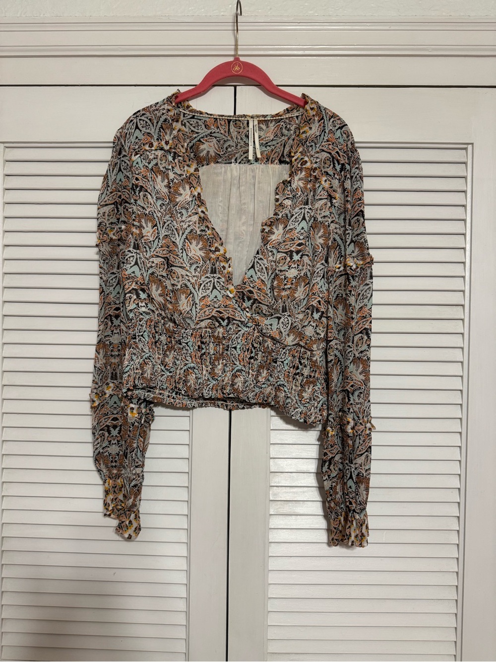 Anthropologie Printed V-Neck Peasant Blouse in Brown, Cream & Blue